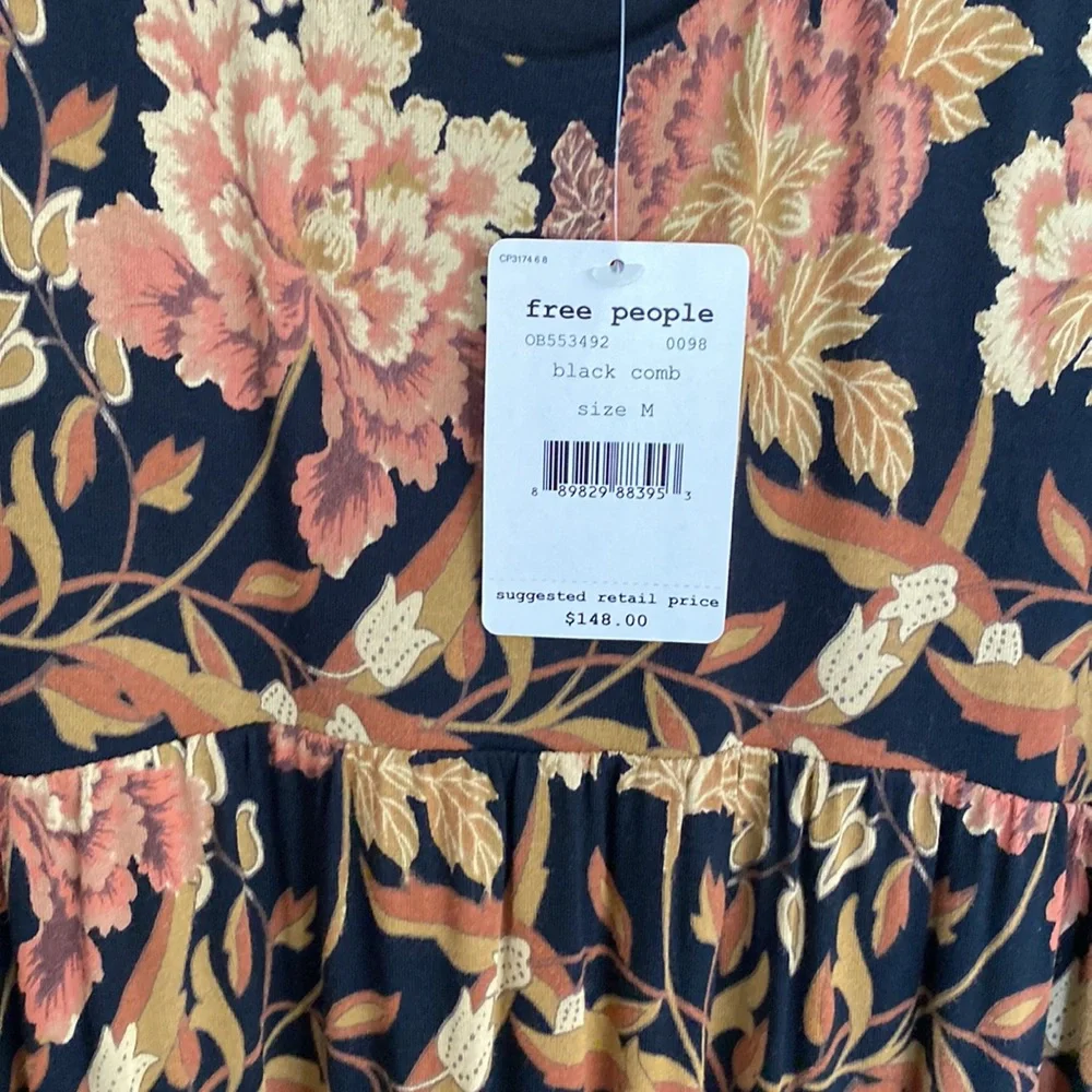 Free People Black Maxi Dress with Mustard & Blush Floral Print